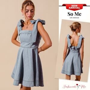 So Me A-Line Fit and Flare Diamond Bow Ribbon Detail Sleeveless Dress | Lt Denim